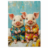 Joyful Painting of Two Cute Piglets in Bright Floral Pajamas Sitting Happily with Playful Expressions in a Textured Whimsical Style on Ready to Hang 1.5" Thick Canvas Wrap, Floating Framed Canvas, Flat Rolled Canvas